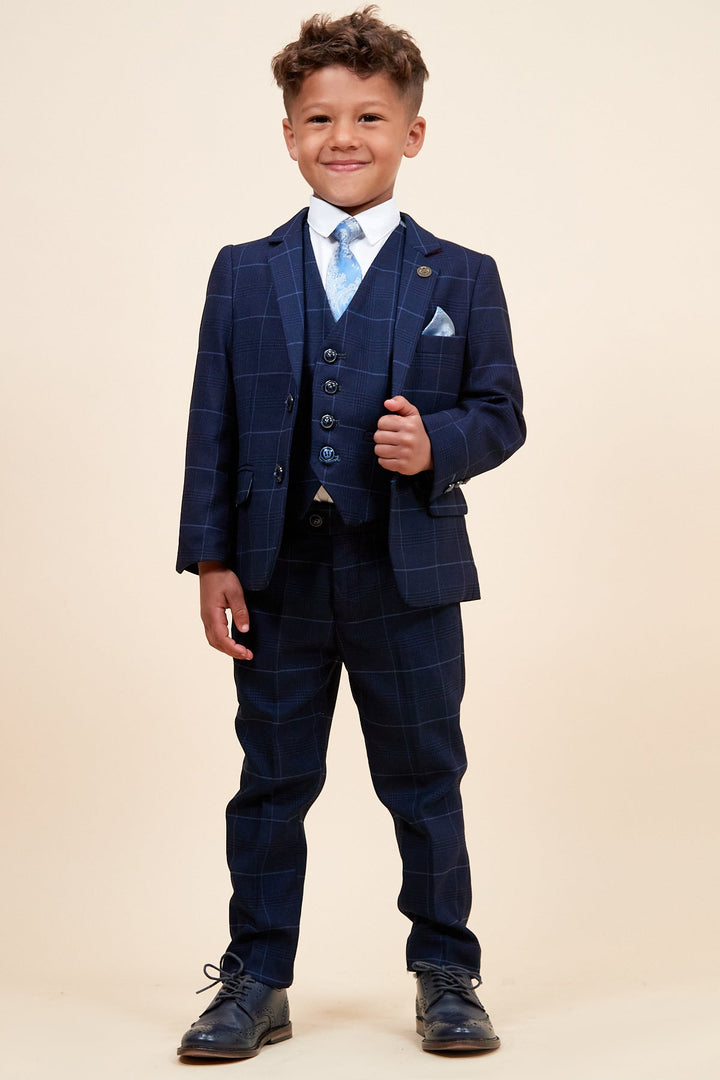 Edinson Children's Navy Sky Check Print Three Piece Suit
