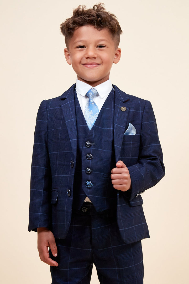 Edinson Children's Navy Sky Check Print Three Piece Suit