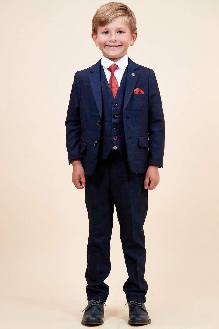 Edinson Children's Navy Wine Check Print Three Piece Suit