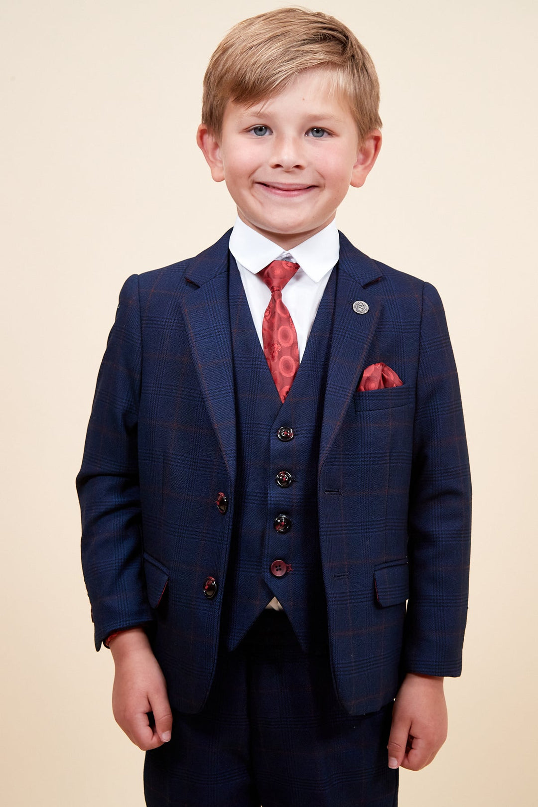 Edinson Children's Navy Wine Check Print Three Piece Suit