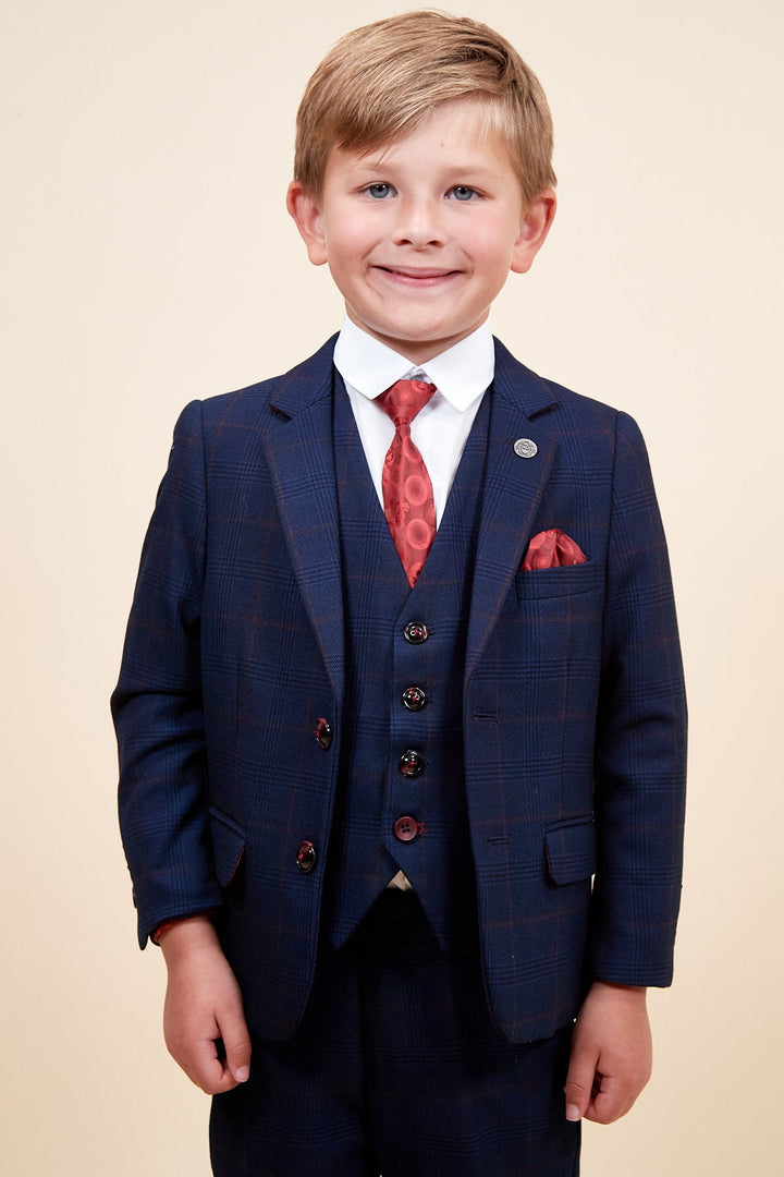 Edinson Children's Navy Wine Check Print Three Piece Suit