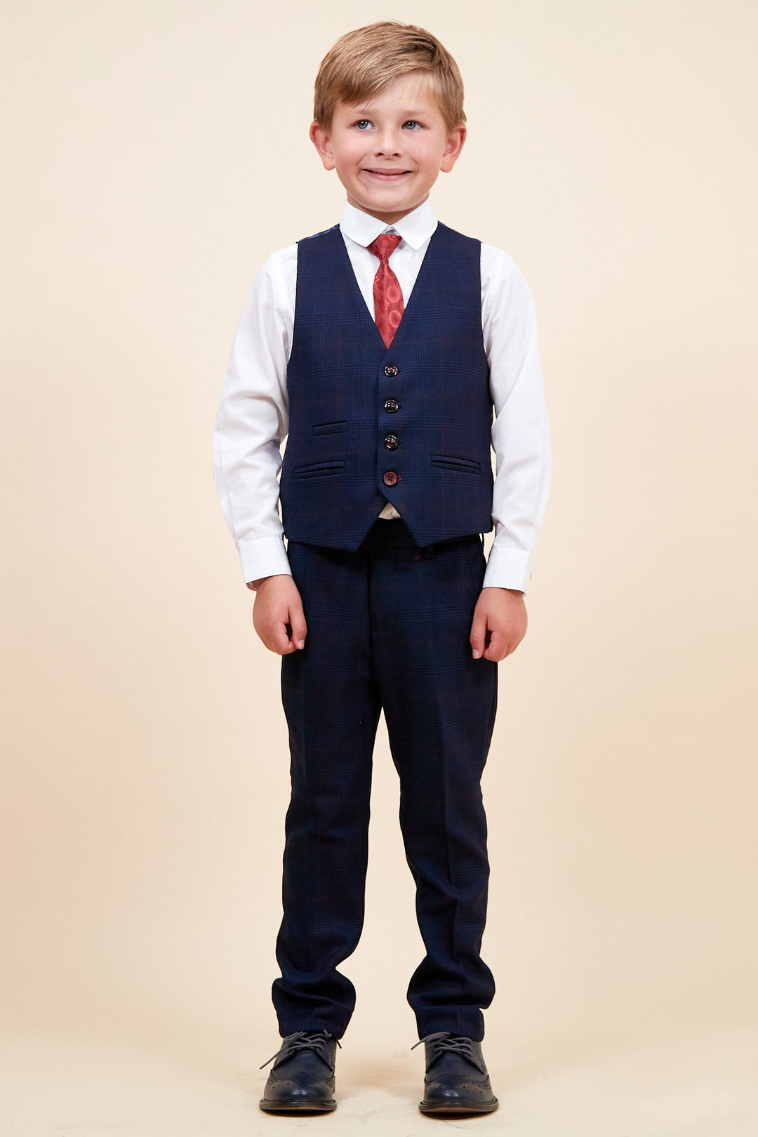 Edinson Children's Navy Wine Check Print Three Piece Suit
