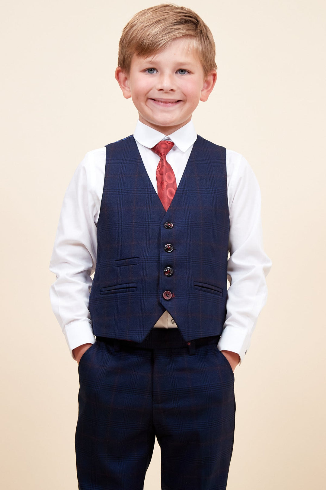 Edinson Children's Navy Wine Check Print Three Piece Suit