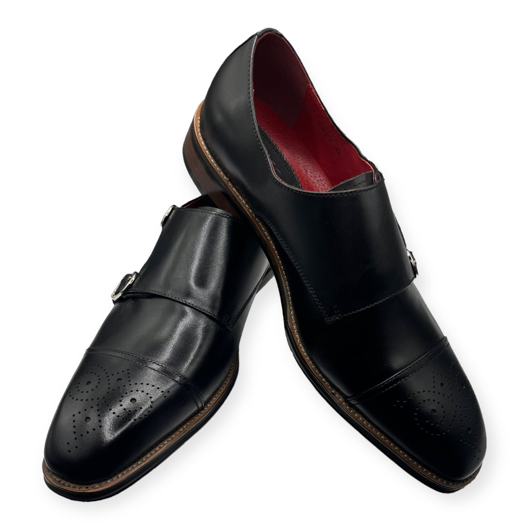 Roberts Black Brogue Shoe With Double Strap