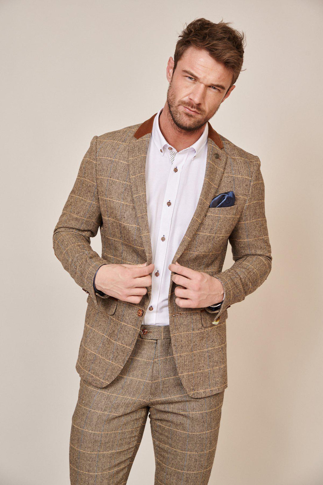 Dx7 Tan Tweed Check Three Piece Suit