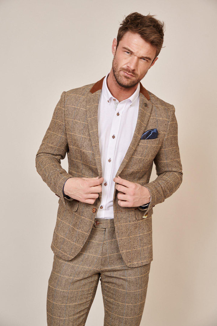 Dx7 Tan Tweed Check Three Piece Suit