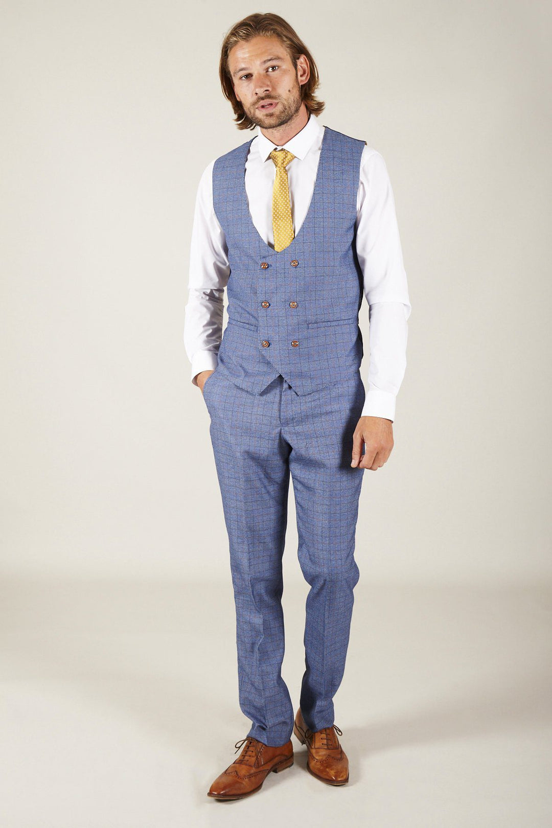 George Light Blue Check Three Piece Suit