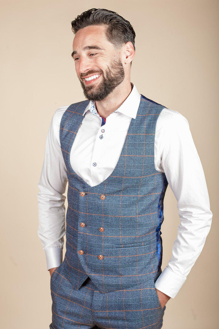 Jenson Sky Blue Check Suit with Double Breasted Waistcoat