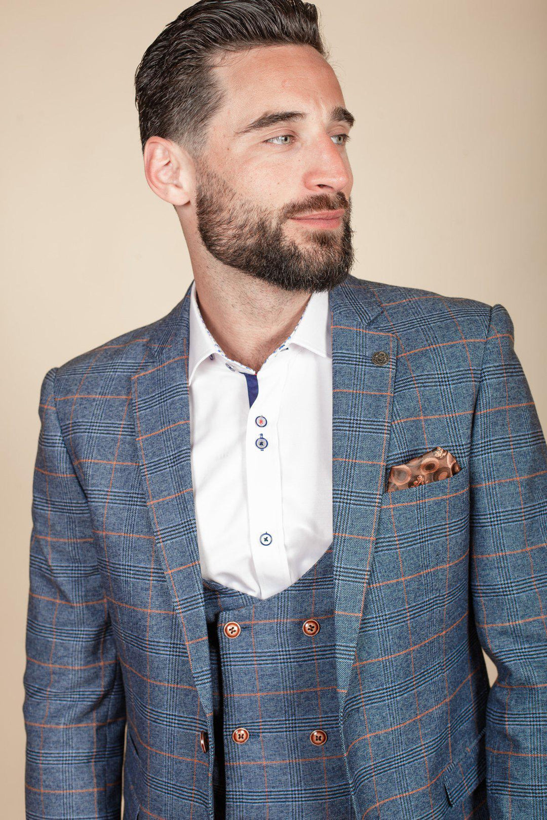 Jenson Sky Blue Check Suit with Double Breasted Waistcoat