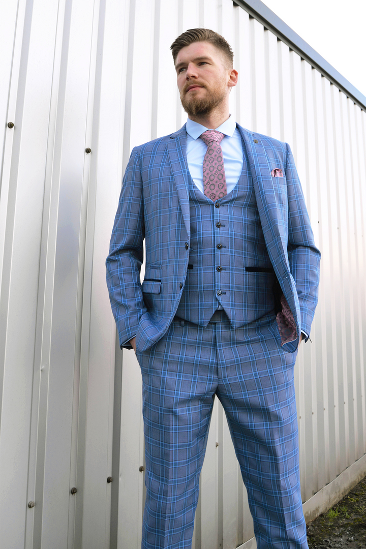 Jose Sky Blue Check Three Piece Suit