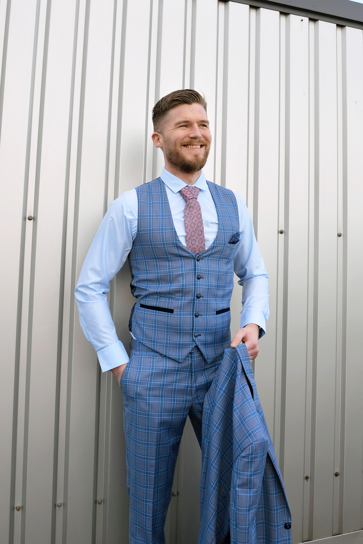 Jose Sky Blue Check Three Piece Suit