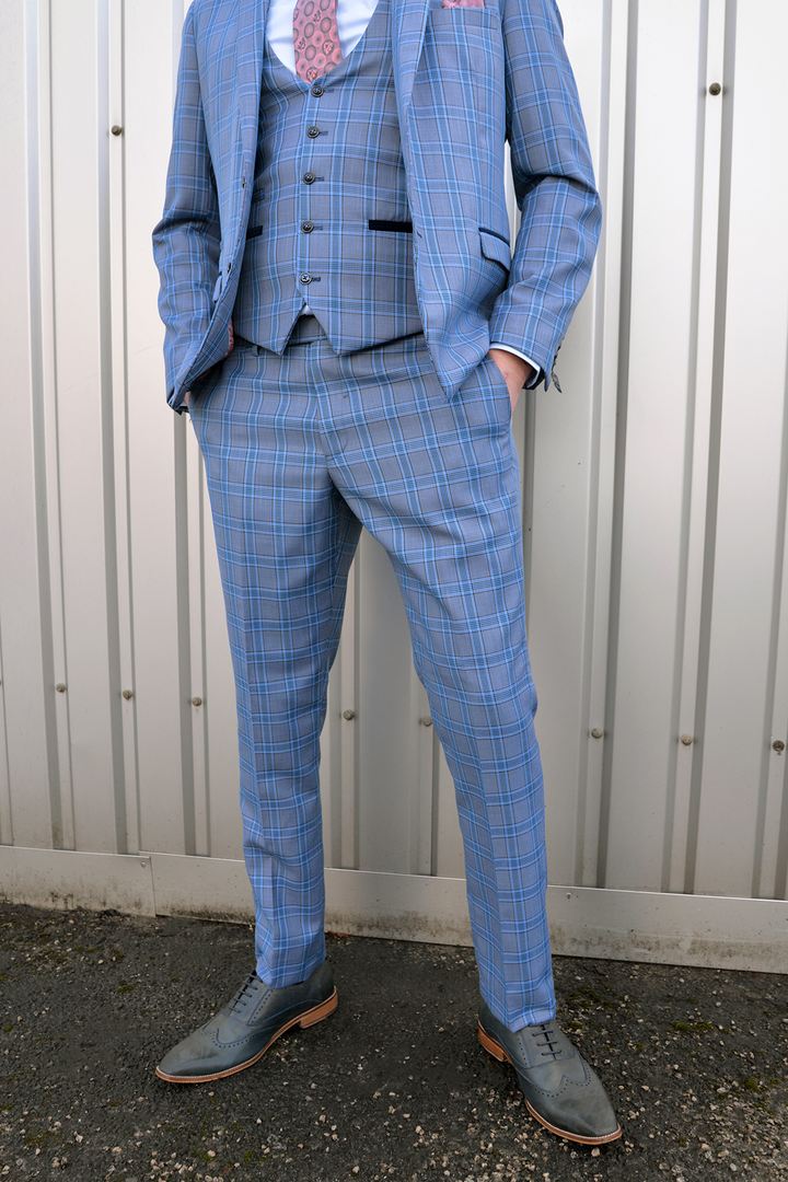 Jose Sky Blue Check Three Piece Suit