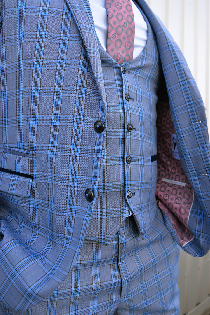 Jose Sky Blue Check Three Piece Suit