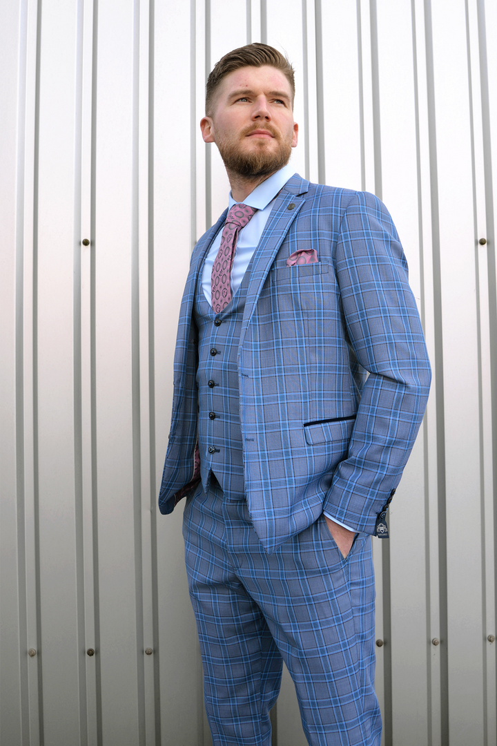 Jose Sky Blue Check Three Piece Suit