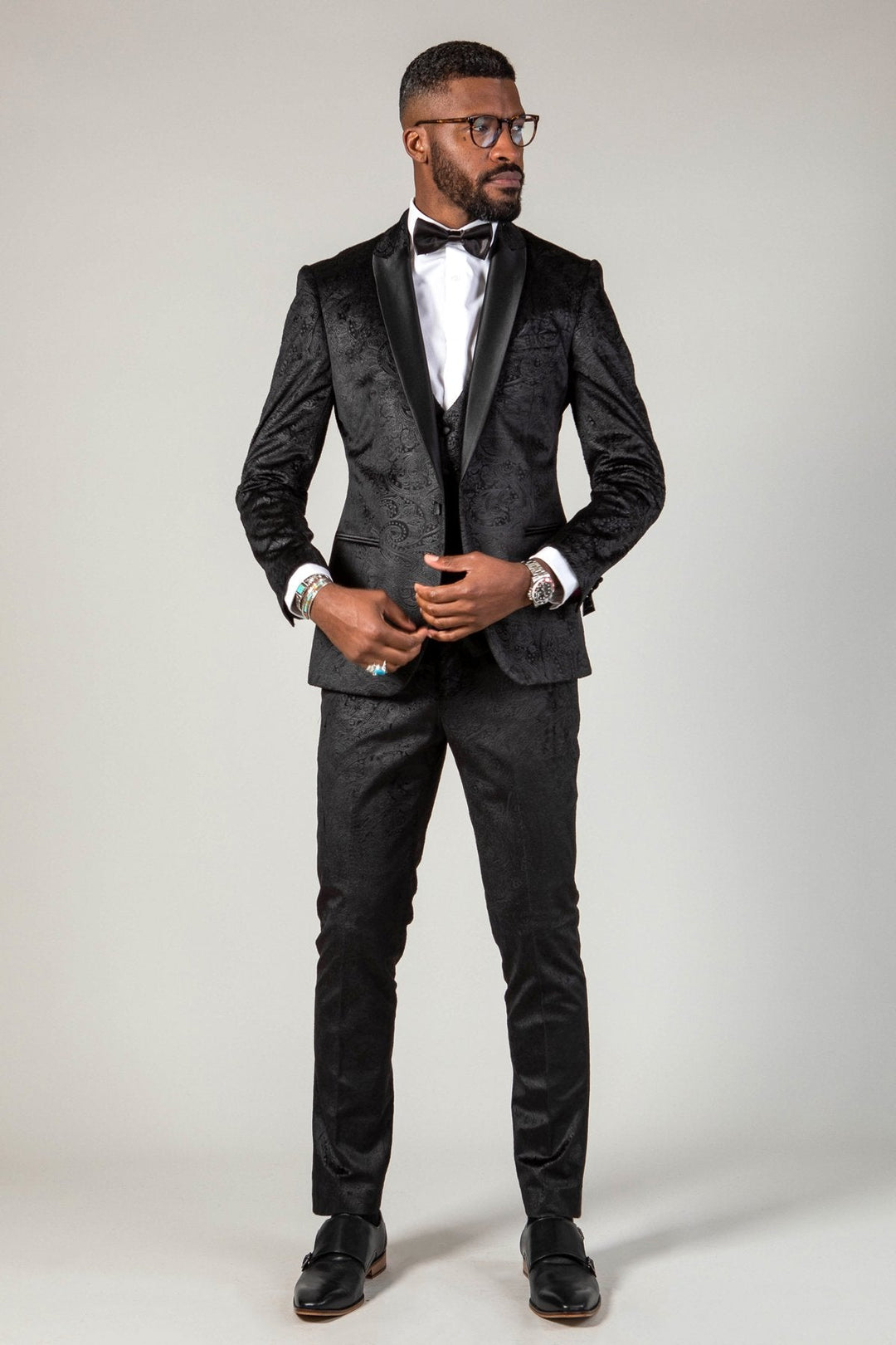 Simon Black Velvet Jacquard Three Piece Suit