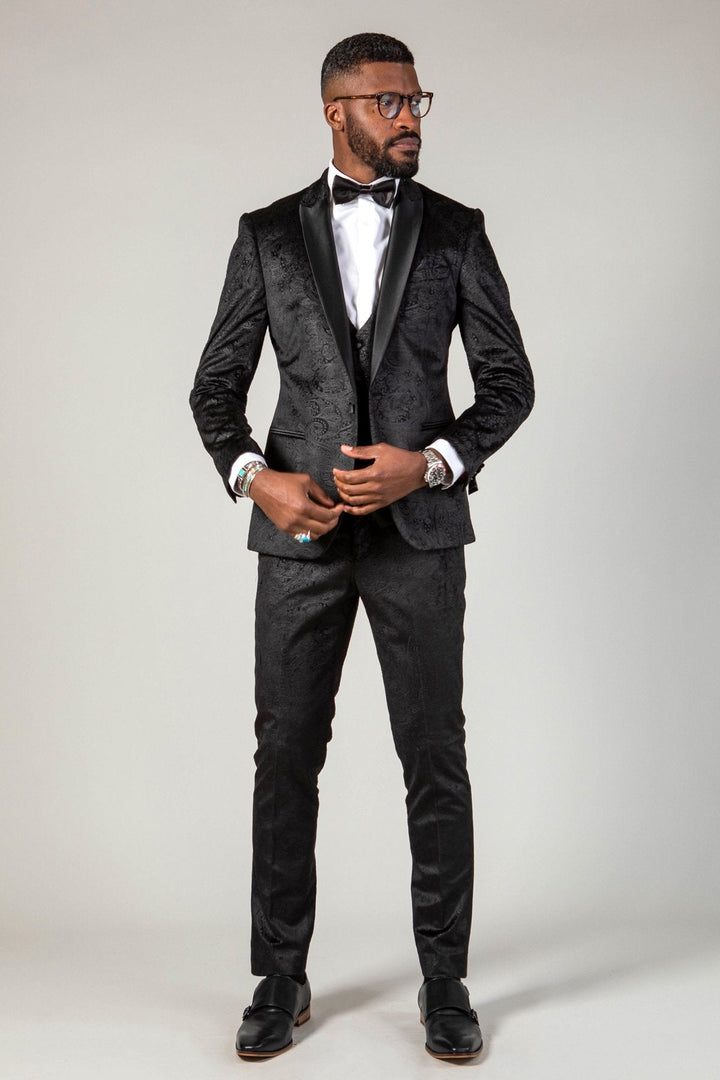 Simon Black Velvet Jacquard Three Piece Suit