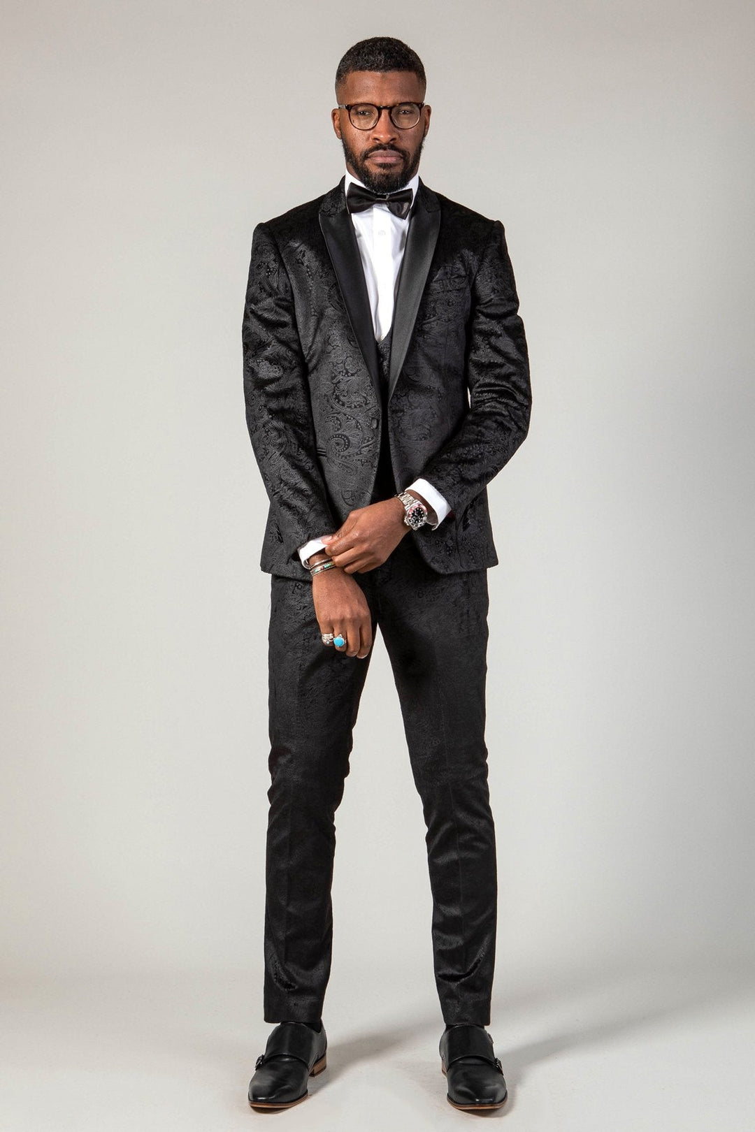 Simon Black Velvet Jacquard Three Piece Suit