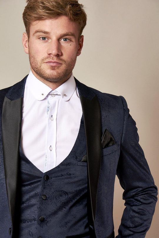Simon Navy Velvet Jacquard Three Piece Suit