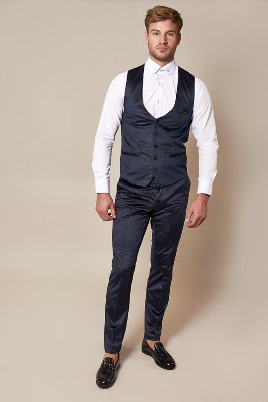 Simon Navy Velvet Jacquard Three Piece Suit
