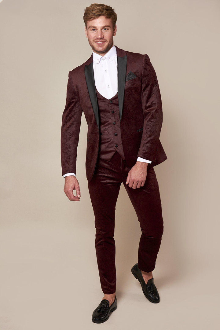 Simon Wine Velvet Jacquard Three Piece Suit