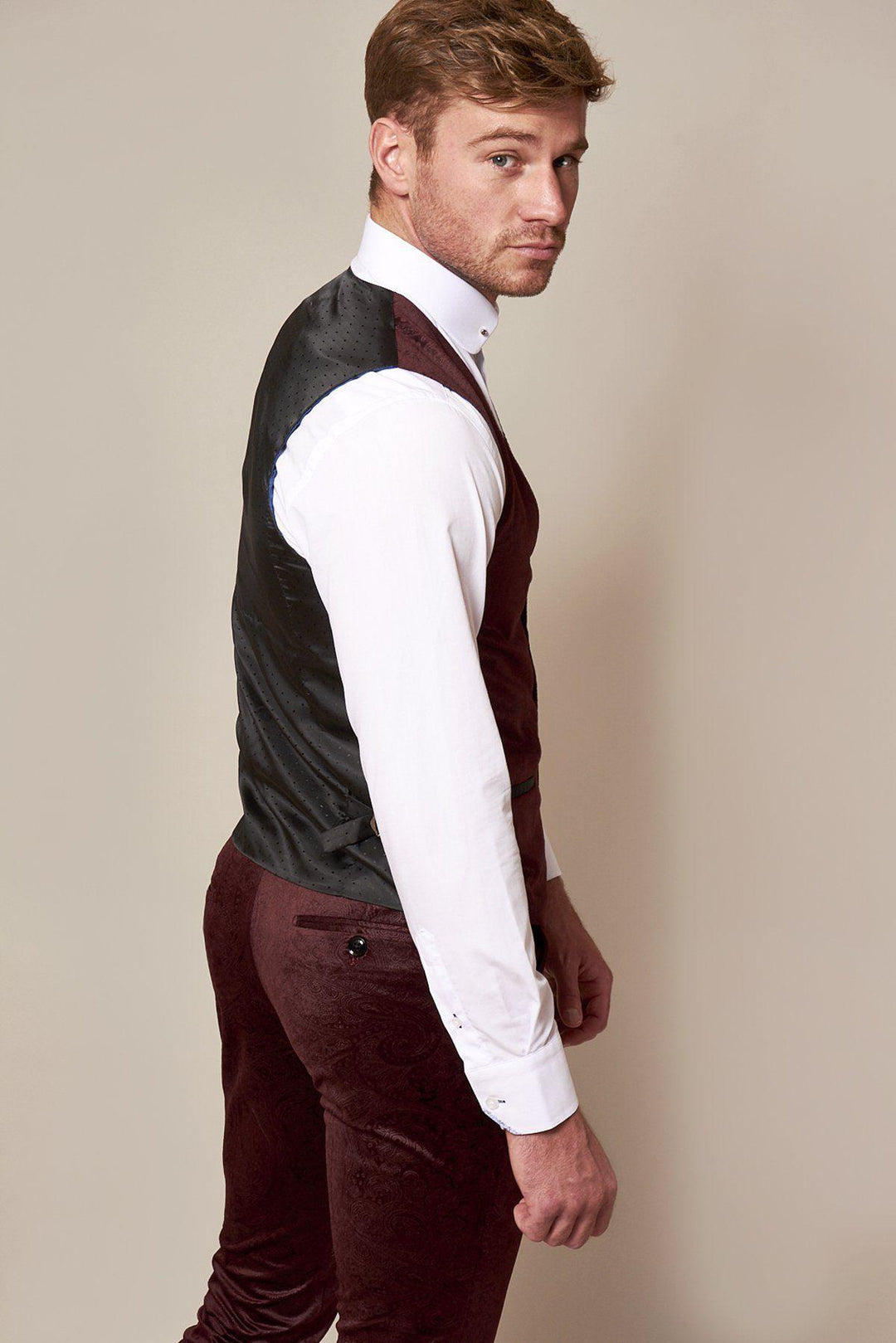 Simon Wine Velvet Jacquard Three Piece Suit