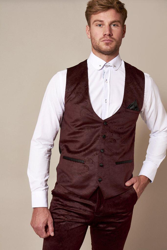 Simon Wine Velvet Jacquard Three Piece Suit