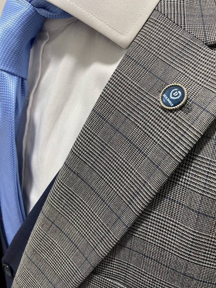 Light Grey Subtle Check Three Piece Suit With Contrasting Navy Waistcoat