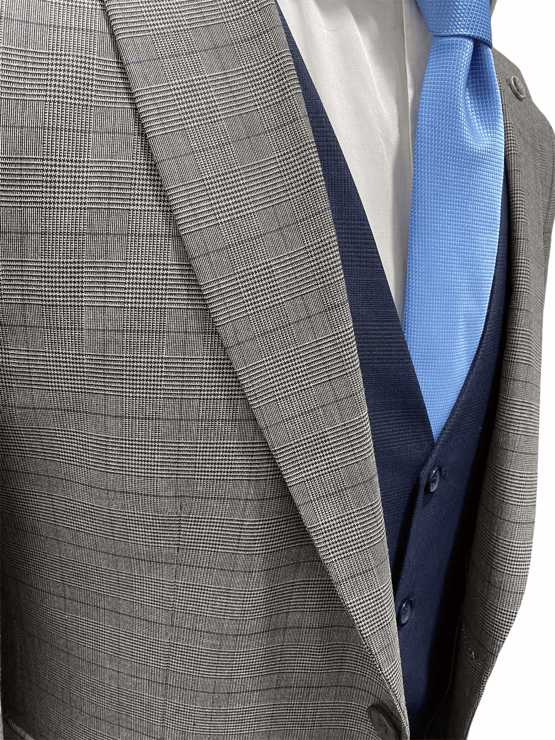 Light Grey Subtle Check Three Piece Suit With Contrasting Navy Waistcoat