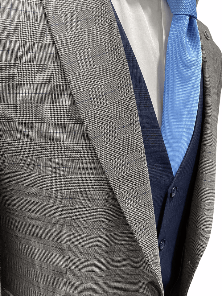 Light Grey Subtle Check Three Piece Suit With Contrasting Navy Waistcoat