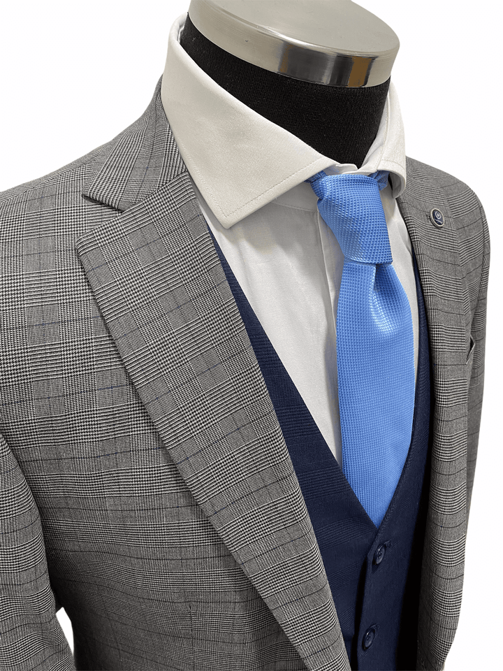 Light Grey Subtle Check Three Piece Suit With Contrasting Navy Waistcoat