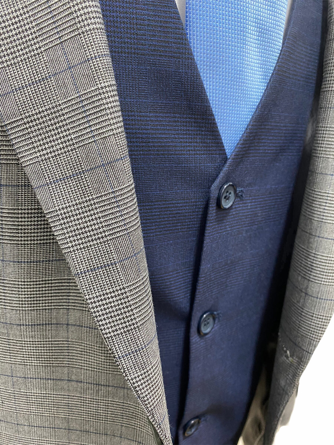Light Grey Subtle Check Three Piece Suit With Contrasting Navy Waistcoat