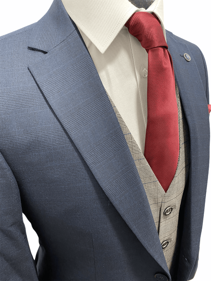 Navy Subtle Check Three Piece Suit With Contrasting Waistcoat