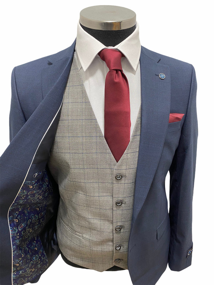 Navy Subtle Check Three Piece Suit With Contrasting Waistcoat