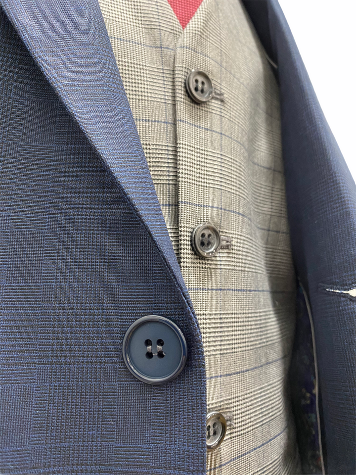 Navy Subtle Check Three Piece Suit With Contrasting Waistcoat