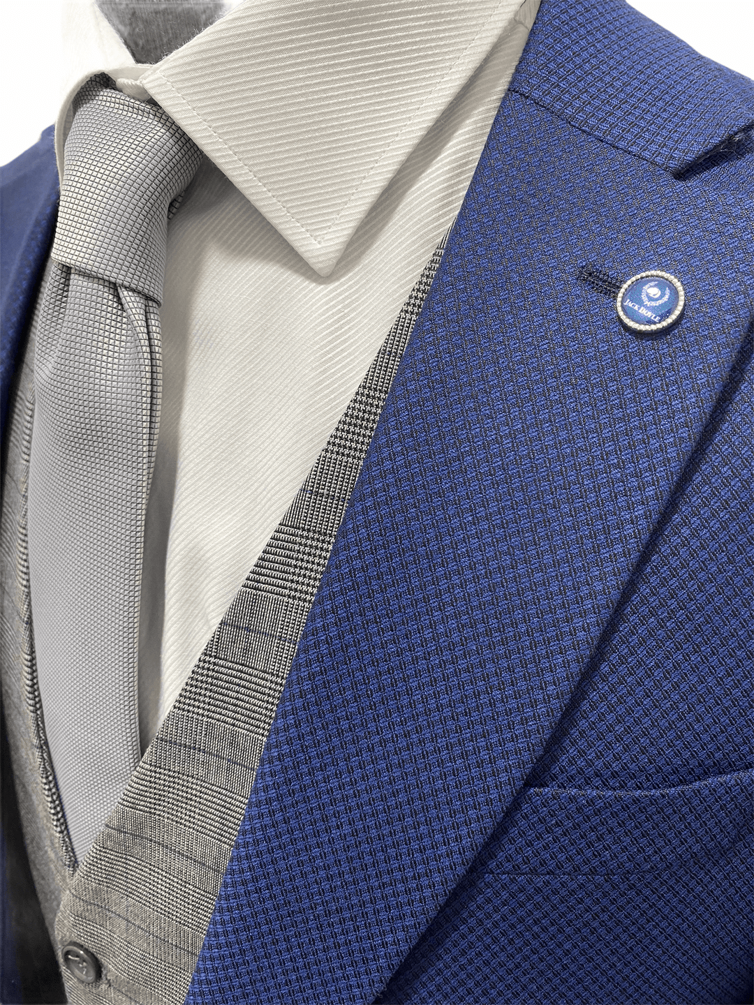 Navy Three Piece Print Suit With Brown Buttons With Contrasting Light Grey Check Waistcoat