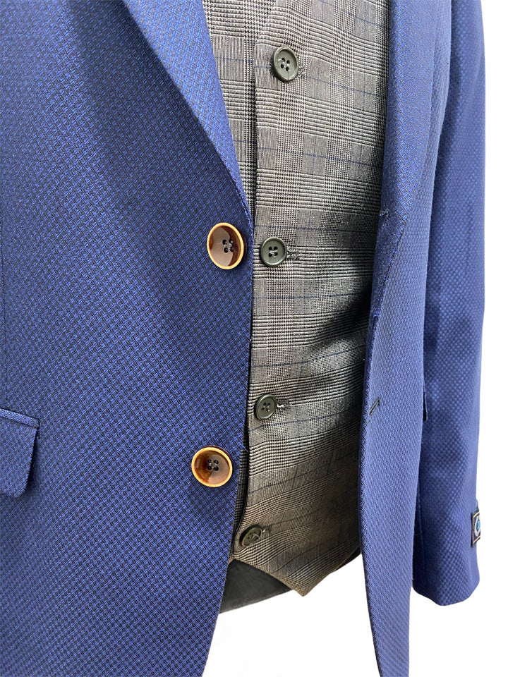 Navy Three Piece Print Suit With Brown Buttons With Contrasting Light Grey Check Waistcoat