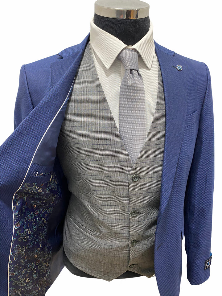 Navy Three Piece Print Suit With Brown Buttons With Contrasting Light Grey Check Waistcoat