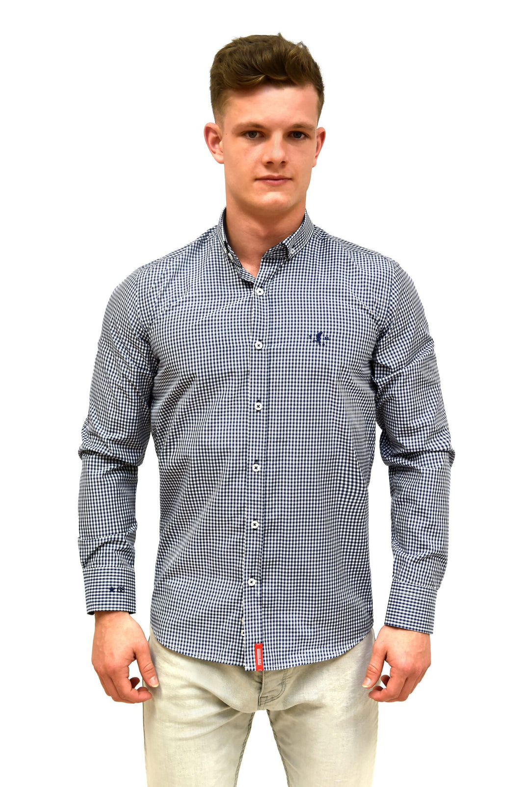 Navy Gingham Check Shirt With Button Down Collar