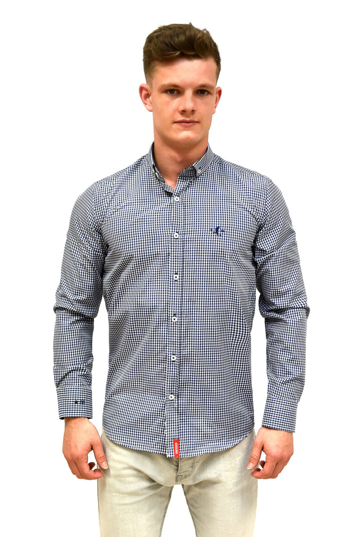 Navy Gingham Check Shirt With Button Down Collar
