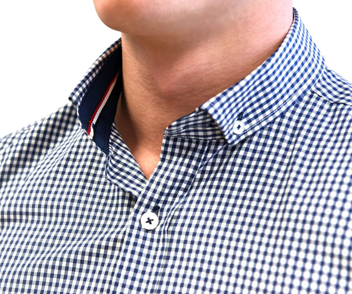 Navy Gingham Check Shirt With Button Down Collar