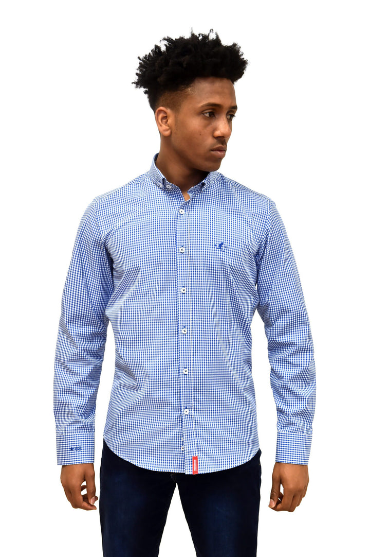 Royal Blue Gingham Check Shirt With Button Down Collar