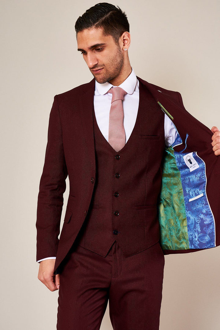 Danny Wine Three Piece Suit With Single Breasted Waistcoat