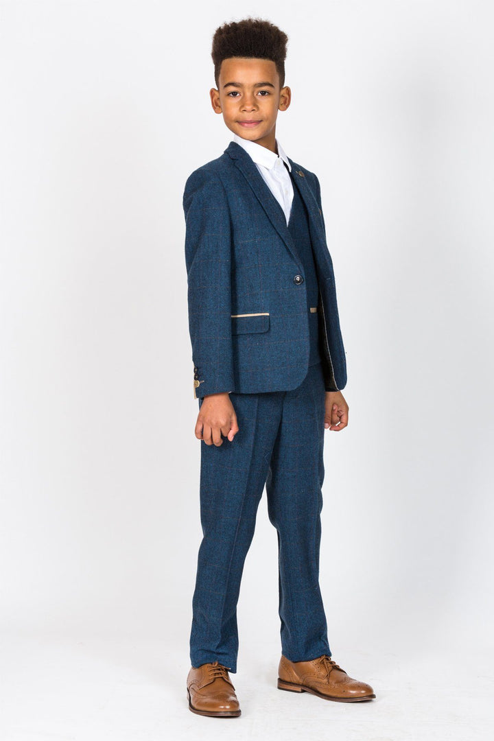 Dion Children's Blue Tweed Herringbone Check Three Piece Suit