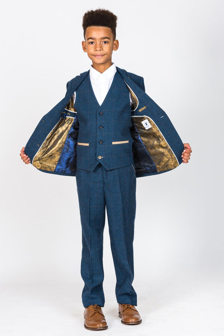 Dion Children's Blue Tweed Herringbone Check Three Piece Suit