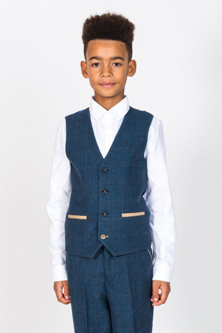 Dion Children's Blue Tweed Herringbone Check Three Piece Suit