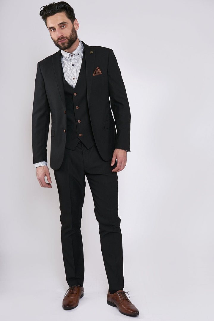 Max Black Three Piece Suit with Contrast Buttons