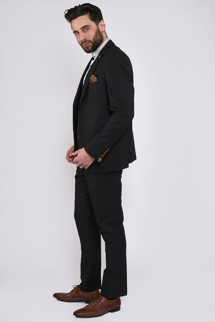 Max Black Three Piece Suit with Contrast Buttons