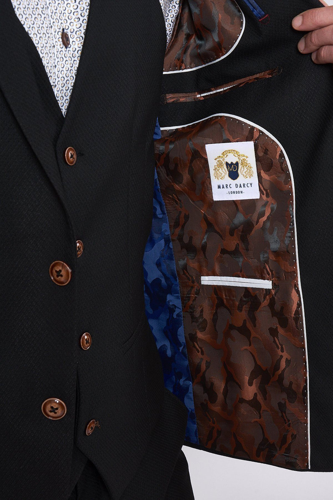 Max Black Three Piece Suit with Contrast Buttons