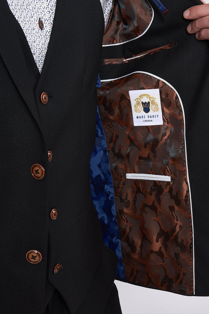 Max Black Three Piece Suit with Contrast Buttons