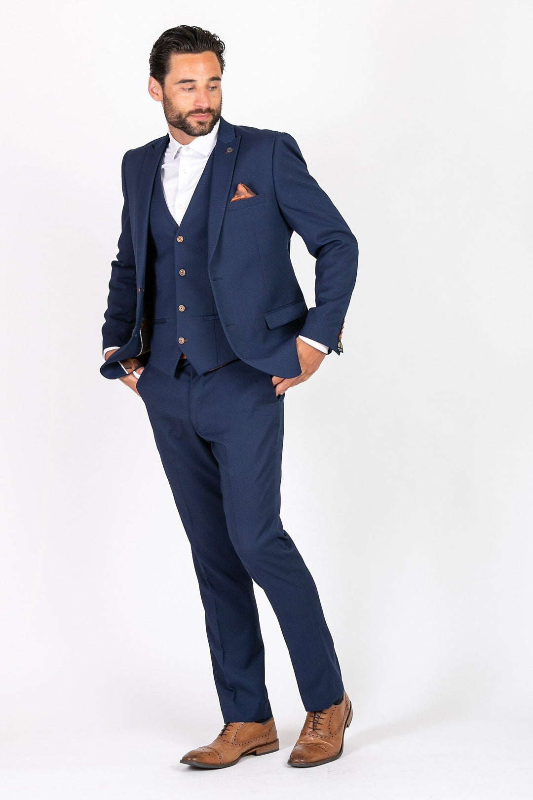 Max Royal Blue Three Piece Suit With Contrast Buttons